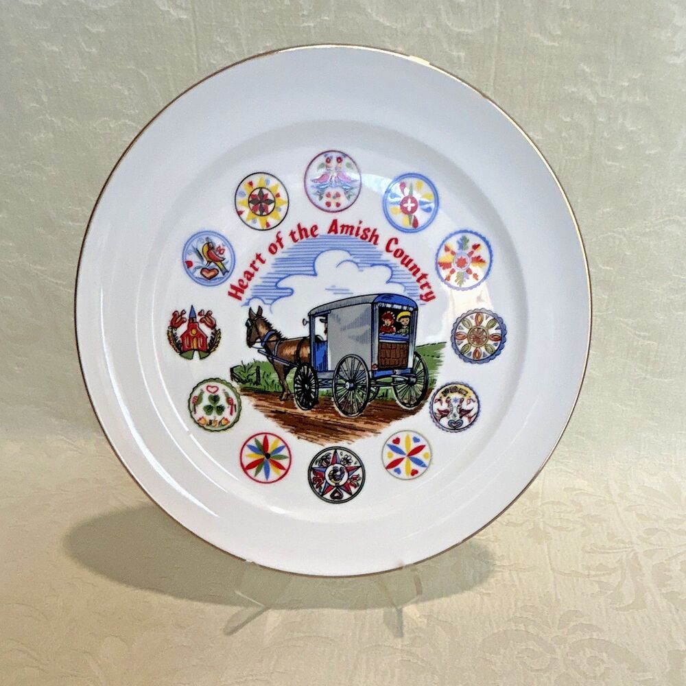 Heart of the Amish Country Decorative Plate Gold Rim Hex Signs Horse Buggy Japan